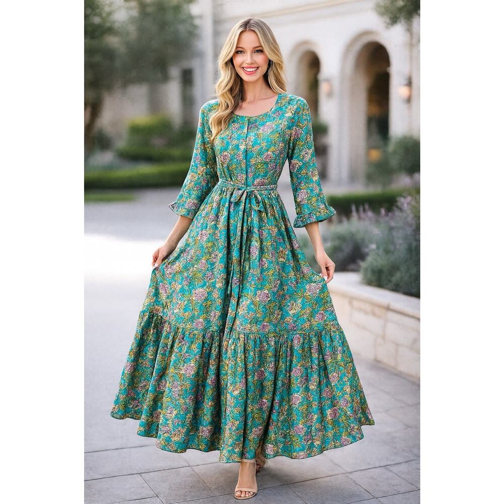 Leaves Of Grass Maxi Dress Sz 38 Medium Silk Hand Embroidered Ruffled Pockets